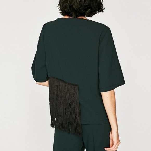 💖 2/$30 NWT Zara boho Fringe boxy dark green blouse top art to wear size XS - Picture 10 of 15